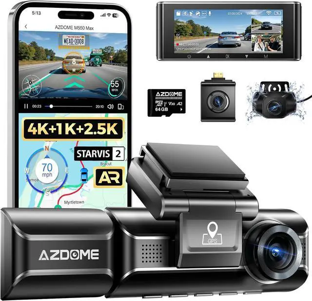 Main image of AZDOME M550 Max 4K 3 Channel Dash Cam, Dual STARVIS Sensors, 4K+2.5K+1080P Front and Rear Inside Triple Car Camera, Built-in WiFi GPS, 64GB Card Included, IR Night Vision, Ride Share Accessories