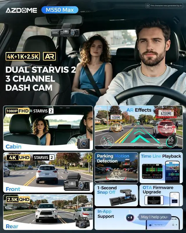 Alt view image 2 of 7 - AZDOME M550 Max 4K 3 Channel Dash Cam, Dual STARVIS Sensors, 4K+2.5K+1080P Front and Rear Inside Triple Car Camera, Built-in WiFi GPS, 64GB Card Included, IR Night Vision, Ride Share Accessories