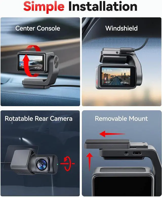 Alt view image 7 of 7 - REDTIGER F4 Pro 4K Mini Dash Cam Front and Rear, STARVIS 2 Night Vision, 128GB Card Included, 5.8GHz WiFi 6 Instant Export, 2.2" Touch Screen Dash Camera for Cars, Voice Control, 24H Parking Mode