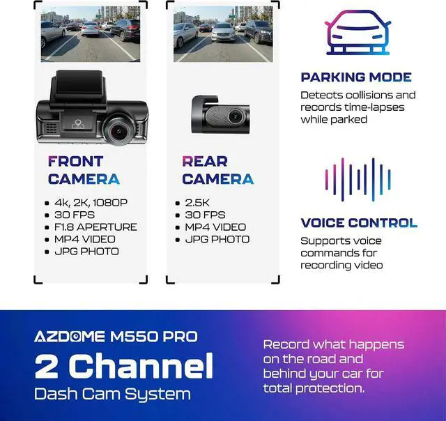 Alt view image 2 of 7 - AZDOME M550 Pro 2CH Dash Cam 4K with 3.19'' Screen IR Night Vision 24H Parking Mode - Dual-Channel Dash Cam with 3.19-Inch IPS Screen - Integrated GPS - Built-in 5G WiFi - 24H Parking Monitor