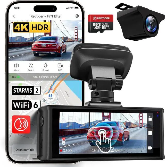 Main image of REDTIGER 4K HDR Dash Cam Front and Rear, STARVIS 2 Sensor, 5.8GHz WiFi APP, 3.18" Touchscreen, Voice Control, 128G Card Included, WDR, Dash Camera for Cars with GPS, 24H Parking Mode(F7N Elite)