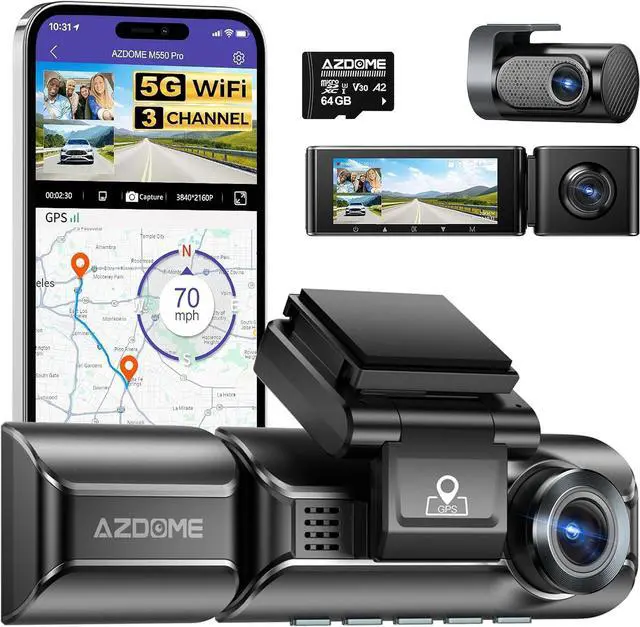Main image of AZDOME M550 Pro 3CH Dash Cam 4K - 5G WiFi, 3.19" Screen IR Night Vision - 24H Parking Mode - 3-Channel Dash Cam - Wide-Angle Coverage - Collision Detection - Built-in GPS - Adjustable Camera Lens