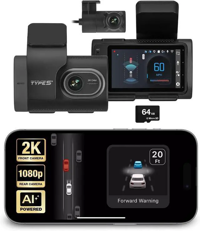 Main image of Type S T200 AI Driver Assistance Dash Cam Powered by ADAS, 1440p, Collision Alerts, Lane and Pedestrian Detection, Vehicle Departure Reminders, Front Rear 2 Channel Smart 24/7 Video Surveillance