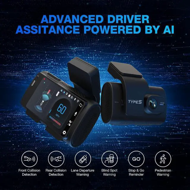 Alt view image 2 of 7 - Type S T200 AI Driver Assistance Dash Cam Powered by ADAS, 1440p, Collision Alerts, Lane and Pedestrian Detection, Vehicle Departure Reminders, Front Rear 2 Channel Smart 24/7 Video Surveillance