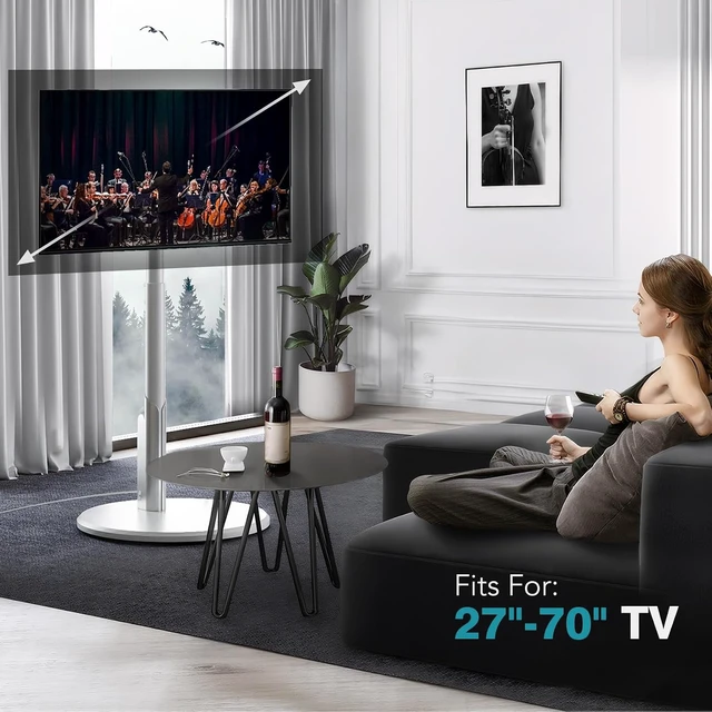 Alt view image 7 of 7 - Floor Mobile TV Stand with Power Outlet, Rolling TV Cart for 27-70 Inch OLED LED Monitors, 6 Levels of Height Adjustment, Ambient Lighting on The Bottom Wheels Holds up to 88lbs, 400x400mm