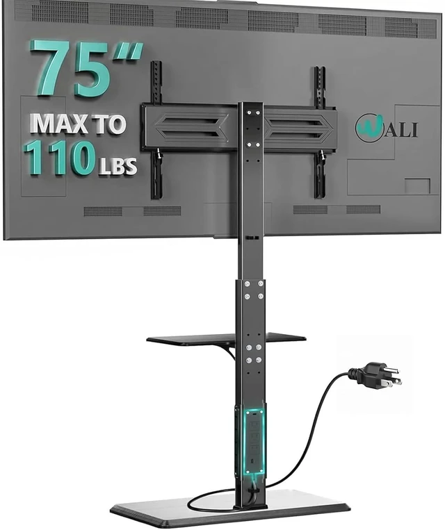 Main image of WALI Floor TV Stand with Power Outlet & AV Shelf, Tall TV Stand Mount for 36-75 inch TV up to 110 lbs, Swivel and Height Adjustable TV Stands with Wood Base for Bedroom, Office(TVDVD-6P), Black