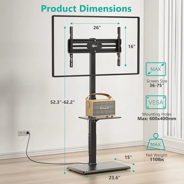 Alt view image 5 of 7 - WALI Floor TV Stand with Power Outlet & AV Shelf, Tall TV Stand Mount for 36-75 inch TV up to 110 lbs, Swivel and Height Adjustable TV Stands with Wood Base for Bedroom, Office(TVDVD-6P), Black