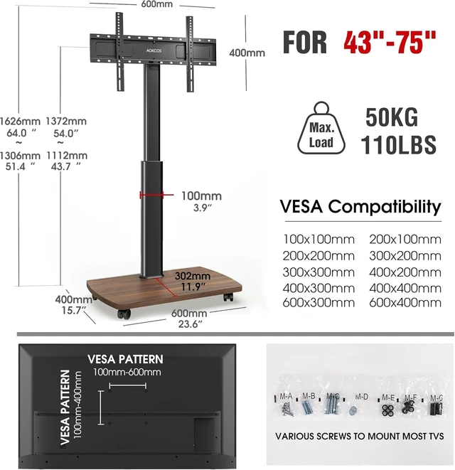 Alt view image 2 of 7 - AOKCOS Rolling TV Stand for 43 50 55 60 65 70 75 Inch TVs, Portable Mobile TV Stand on Wheels, 10-Level Height Adjustable TV Cart with Swivel & Tilt Mount for Bedroom/Living Room/Office/Corner