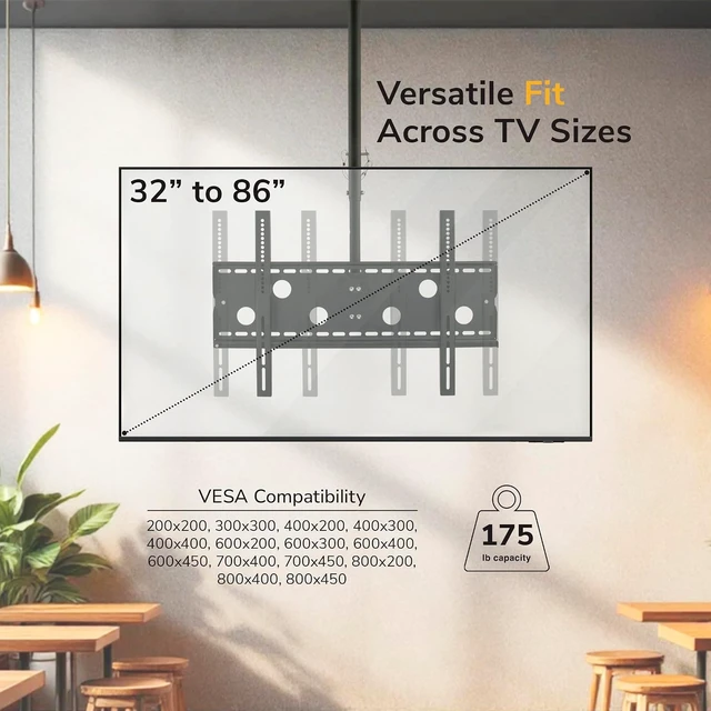 Alt view image 3 of 7 - Mount-It! Ceiling TV Mount for 3286 Inch LCD LED OLED TVs Hanging Full Motion Swivel, Tilt & Height Adjustable Bracket 175 lb, VESA 800x450 Home, Gym, Patio, Restaurant & Commercial Use