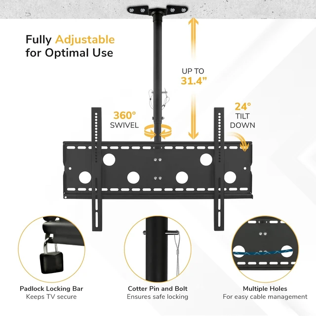 Alt view image 5 of 7 - Mount-It! Ceiling TV Mount for 3286 Inch LCD LED OLED TVs Hanging Full Motion Swivel, Tilt & Height Adjustable Bracket 175 lb, VESA 800x450 Home, Gym, Patio, Restaurant & Commercial Use