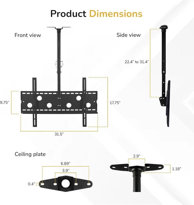 Alt view image 7 of 7 - Mount-It! Ceiling TV Mount for 3286 Inch LCD LED OLED TVs Hanging Full Motion Swivel, Tilt & Height Adjustable Bracket 175 lb, VESA 800x450 Home, Gym, Patio, Restaurant & Commercial Use