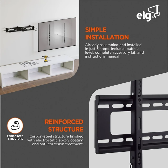 Alt view image 3 of 7 - ELG Fixed Low-Profile TV Wall Mount 55"100", 165 lbs, 1.18" Profile, Auto-Lock Quick Release, VESA 900×600, Fits 12"/16"/18"/24" Studs, Carbon Steel, N01V8, Black
