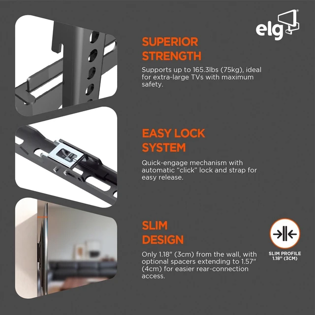 Alt view image 4 of 7 - ELG Fixed Low-Profile TV Wall Mount 55"100", 165 lbs, 1.18" Profile, Auto-Lock Quick Release, VESA 900×600, Fits 12"/16"/18"/24" Studs, Carbon Steel, N01V8, Black