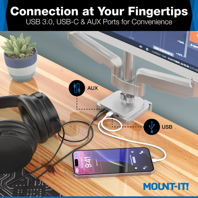Alt view image 3 of 7 - Mount-It! Triple Monitor Mount with Gas Spring Arms, Fits 2432 Inch Screens, USB & Audio Ports, Full Motion Desk Stand with Tilt, Swivel & Rotation, Heavy Duty Silver 3 Screen Arm with Clamp