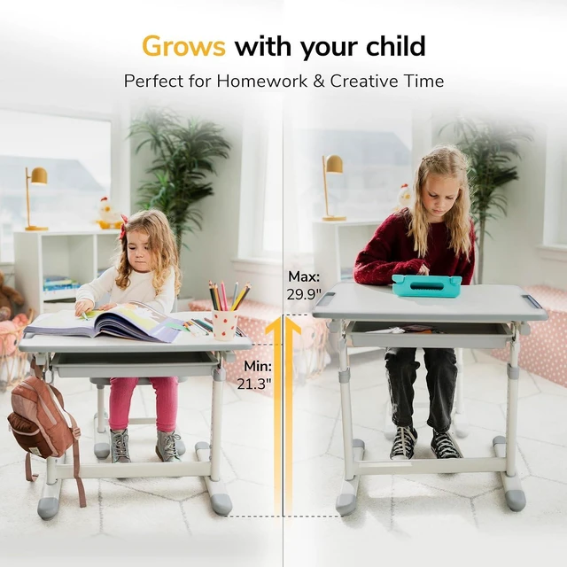 Alt view image 2 of 7 - Mount-It! Kids Desk and Chair Set Height Adjustable up to 30" Ergonomic for School - Table and Chairs for Student 26" x 18" Tabletop with Pencil Drawer, 3-10 Age Children, Grey