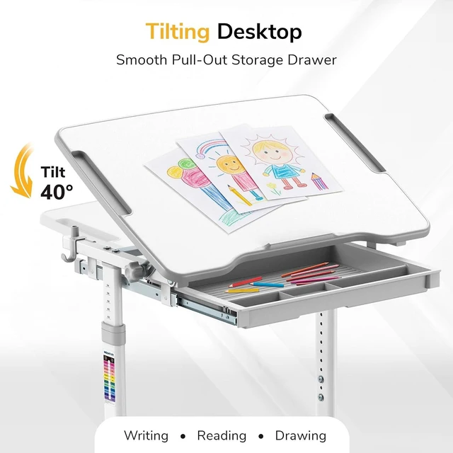Alt view image 3 of 7 - Mount-It! Kids Desk and Chair Set Height Adjustable up to 30" Ergonomic for School - Table and Chairs for Student 26" x 18" Tabletop with Pencil Drawer, 3-10 Age Children, Grey