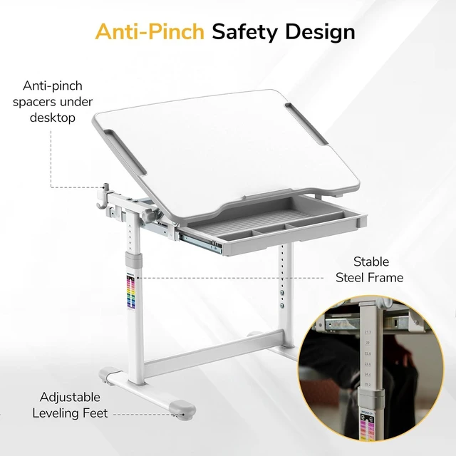 Alt view image 5 of 7 - Mount-It! Kids Desk and Chair Set Height Adjustable up to 30" Ergonomic for School - Table and Chairs for Student 26" x 18" Tabletop with Pencil Drawer, 3-10 Age Children, Grey