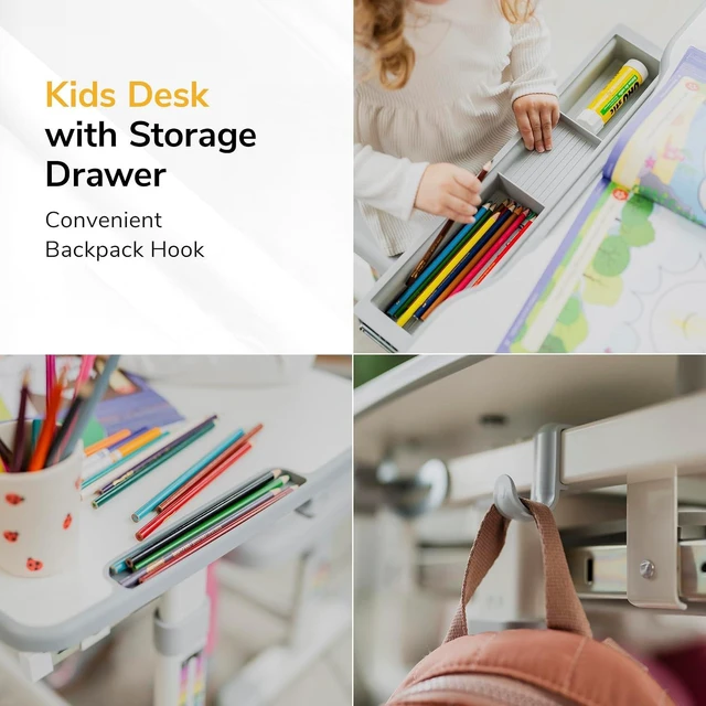 Alt view image 4 of 7 - Mount-It! Kids Desk and Chair Set Height Adjustable up to 30" Ergonomic for School - Table and Chairs for Student 26" x 18" Tabletop with Pencil Drawer, 3-10 Age Children, Grey