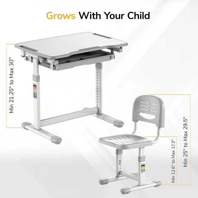 Alt view image 7 of 7 - Mount-It! Kids Desk and Chair Set Height Adjustable up to 30" Ergonomic for School - Table and Chairs for Student 26" x 18" Tabletop with Pencil Drawer, 3-10 Age Children, Grey