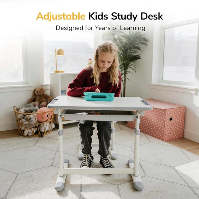 Alt view image 6 of 7 - Mount-It! Kids Desk and Chair Set Height Adjustable up to 30" Ergonomic for School - Table and Chairs for Student 26" x 18" Tabletop with Pencil Drawer, 3-10 Age Children, Grey