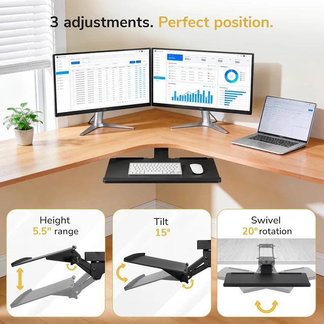 Alt view image 2 of 7 - Mount-It! Keyboard Tray Under Desk, Full Motion Computer Keyboard and Mouse Tray, Slide Out Ergonomic Keyboard Drawer with Gel Wrist Pad, 26" Wide, Tilt, Swivel and Height Adjustment, Black