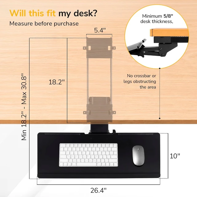Alt view image 5 of 7 - Mount-It! Keyboard Tray Under Desk, Full Motion Computer Keyboard and Mouse Tray, Slide Out Ergonomic Keyboard Drawer with Gel Wrist Pad, 26" Wide, Tilt, Swivel and Height Adjustment, Black