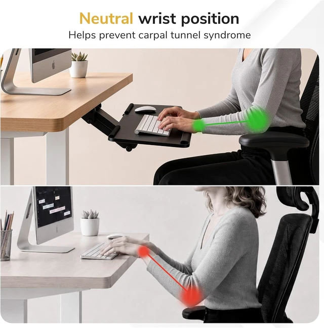 Alt view image 6 of 7 - Mount-It! Keyboard Tray Under Desk, Full Motion Computer Keyboard and Mouse Tray, Slide Out Ergonomic Keyboard Drawer with Gel Wrist Pad, 26" Wide, Tilt, Swivel and Height Adjustment, Black
