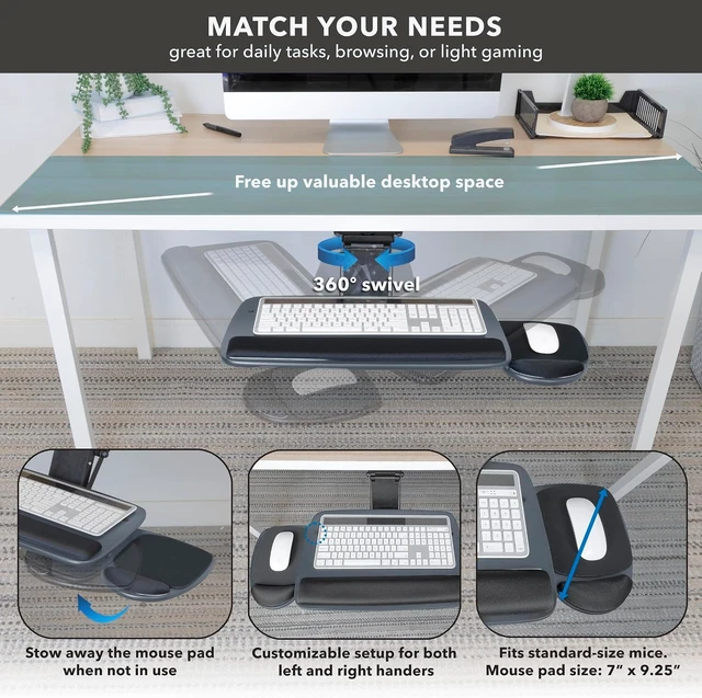 Alt view image 4 of 7 - Mount-It! Under Desk Keyboard Tray, Adjustable Slide-Out Keyboard, Blue