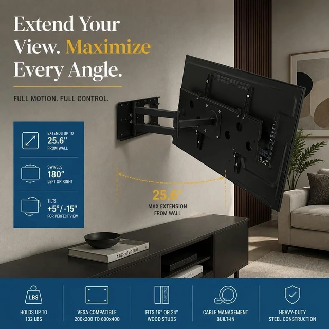 Alt view image 6 of 7 - Mount-It! Corner TV Wall Mount, 26" Full Motion Swing Arm, Fits 43-70" TVs