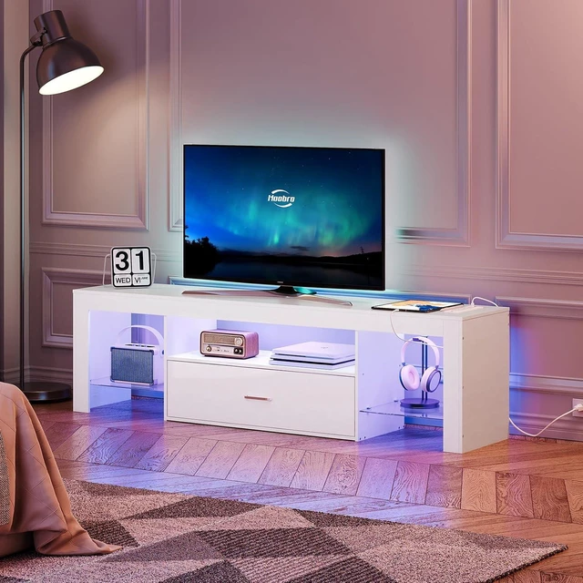 Alt view image 2 of 7 - HOOBRO LED TV Stand with Power Outlets to 65 inch TV, Gaming Entertainment Center with Glass Shelves and Large Drawer, Modern Media TV Console Table for Living Room Bedroom, White WT14UDDS01