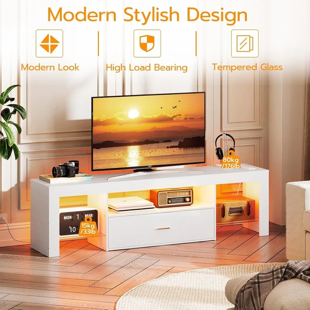 Alt view image 4 of 7 - HOOBRO LED TV Stand with Power Outlets to 65 inch TV, Gaming Entertainment Center with Glass Shelves and Large Drawer, Modern Media TV Console Table for Living Room Bedroom, White WT14UDDS01