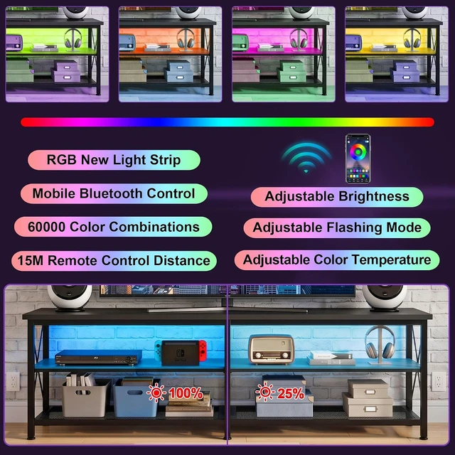 Alt view image 2 of 7 - Clikuutory Modern 71 inch Metal TV Stand with LED Lights for 50 55 60 65 70 75 80 Inch TVs, 3 Tier Television Stands with Entertainment Center and Storage for Living Room, Bedroom, Black