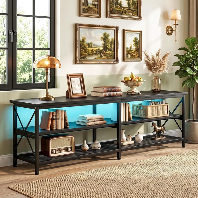 Alt view image 5 of 7 - Clikuutory Modern 71 inch Metal TV Stand with LED Lights for 50 55 60 65 70 75 80 Inch TVs, 3 Tier Television Stands with Entertainment Center and Storage for Living Room, Bedroom, Black