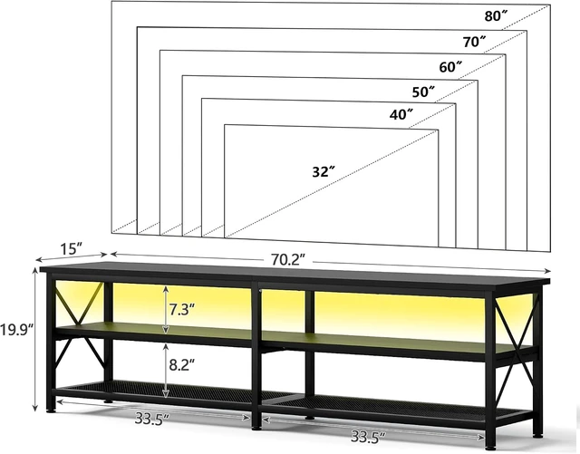 Alt view image 6 of 7 - Clikuutory Modern 71 inch Metal TV Stand with LED Lights for 50 55 60 65 70 75 80 Inch TVs, 3 Tier Television Stands with Entertainment Center and Storage for Living Room, Bedroom, Black