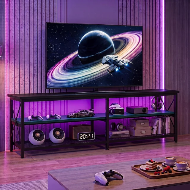 Alt view image 7 of 7 - Clikuutory Modern 71 inch Metal TV Stand with LED Lights for 50 55 60 65 70 75 80 Inch TVs, 3 Tier Television Stands with Entertainment Center and Storage for Living Room, Bedroom, Black