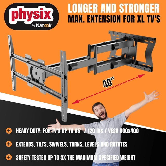 Alt view image 3 of 6 - Physix 4100 Long Arm TV Wall Mount for 32-85 inch Screens Extra Long Extension Up to 40 Inch Heavy-Duty TV Mount Holds up to 120 lbs Full-Motion, Swivels Up to 180° Max. VESA 600x400