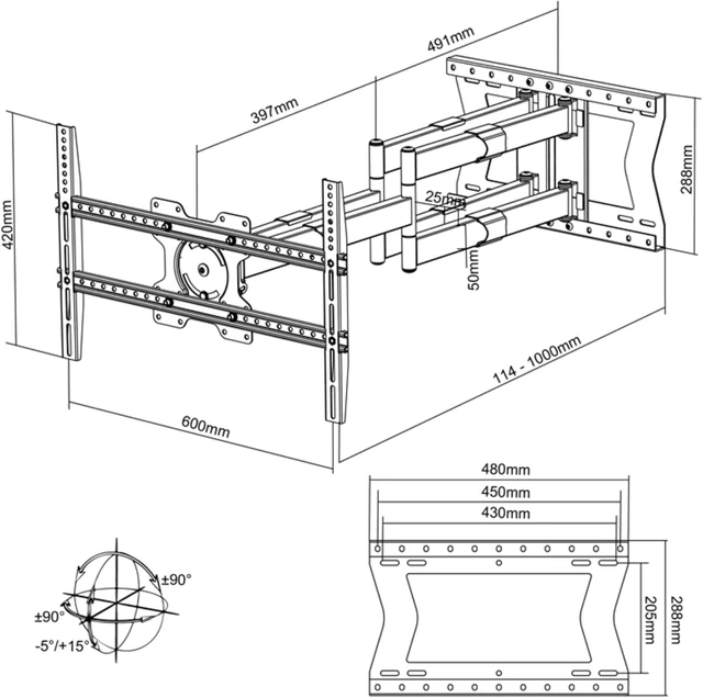 Alt view image 6 of 6 - Physix 4100 Long Arm TV Wall Mount for 32-85 inch Screens Extra Long Extension Up to 40 Inch Heavy-Duty TV Mount Holds up to 120 lbs Full-Motion, Swivels Up to 180° Max. VESA 600x400