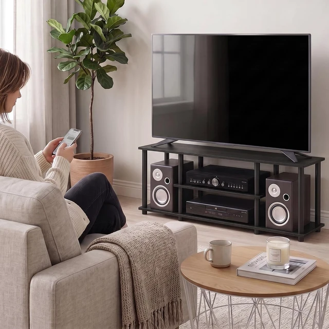 Alt view image 3 of 7 - Furinno Turn-N-Tube No Tools 3D 3-Tier Entertainment TV Stand up to 50 inch TV, Round Tubes, Walnut