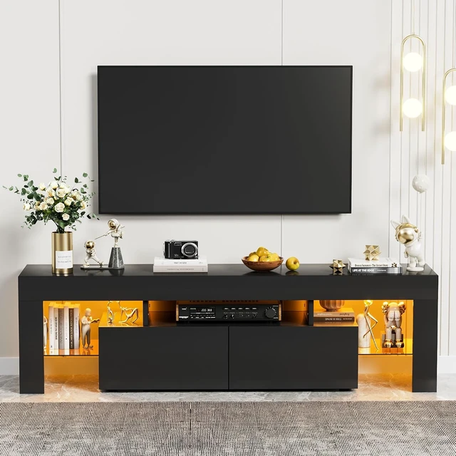 Alt view image 2 of 7 - YESHOMY Modern Black LED TV Stand for Televisions up to 70 Inch with Glass Shelves and Drawer, Gaming Entertainment Center with Multiple Dynamic RGB Modes, for Livingroom, Bedroom, 60 Inch, Black