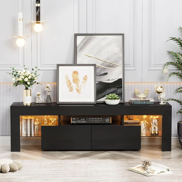 Alt view image 4 of 7 - YESHOMY Modern Black LED TV Stand for Televisions up to 70 Inch with Glass Shelves and Drawer, Gaming Entertainment Center with Multiple Dynamic RGB Modes, for Livingroom, Bedroom, 60 Inch, Black