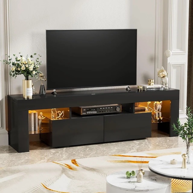 Alt view image 5 of 7 - YESHOMY Modern Black LED TV Stand for Televisions up to 70 Inch with Glass Shelves and Drawer, Gaming Entertainment Center with Multiple Dynamic RGB Modes, for Livingroom, Bedroom, 60 Inch, Black