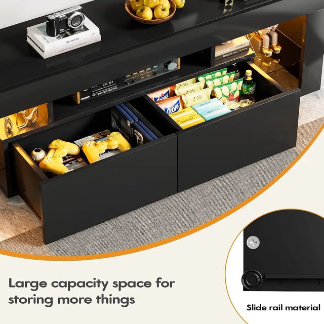 Alt view image 7 of 7 - YESHOMY Modern Black LED TV Stand for Televisions up to 70 Inch with Glass Shelves and Drawer, Gaming Entertainment Center with Multiple Dynamic RGB Modes, for Livingroom, Bedroom, 60 Inch, Black