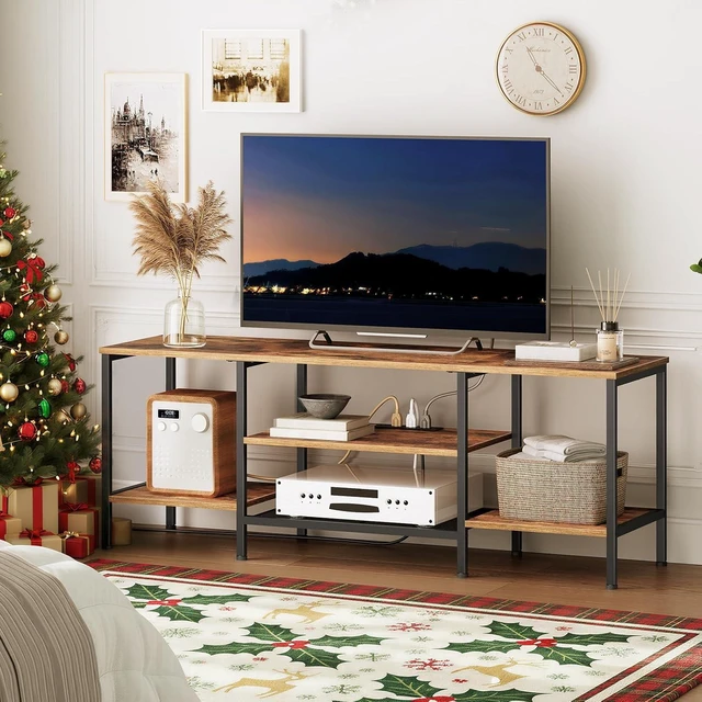 Alt view image 3 of 7 - HOOBRO TV Stand with Power Outlets to 65 Inches, TV Console Table with Open Storage Shelves, Industrial Media Entertainment Center for Living Room Bedroom, Rustic Brown and Black BF40DS01