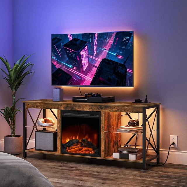 Main image of HOOBRO Fireplace TV Stand with Charging Station and LED Lights, TV Stand with Fireplace for TVs up to 65", Entertainment Center with Fireplace, Glass Shelves, Rustic Brown and Black BF140UDDS01