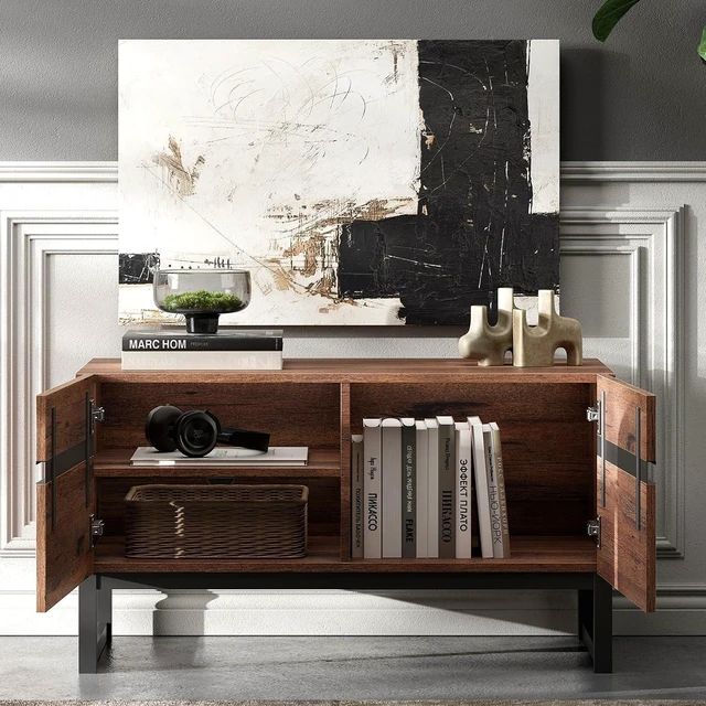 Alt view image 5 of 7 - WAMPAT Modern TV Stand for 32-110 Inch TVs, Wood Entertainment Center with Metal Base Storage Cabinets, Media TV Console for Living Room, Brown, 3Pcs