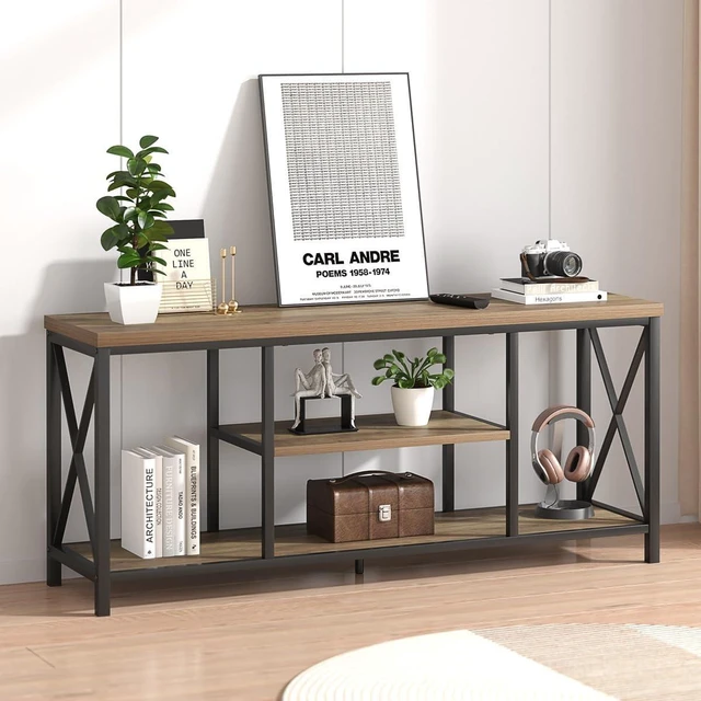Alt view image 3 of 7 - FOLUBAN TV Stand for TV up to 65 inch, Rustic Wood and Metal Entertainment Center with Storage Shelves, Modern Industrial Media TV Console Table for Living Room, Oak 55 inch