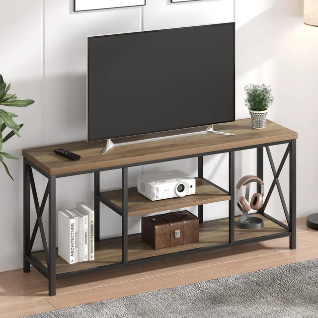 Alt view image 7 of 7 - FOLUBAN TV Stand for TV up to 65 inch, Rustic Wood and Metal Entertainment Center with Storage Shelves, Modern Industrial Media TV Console Table for Living Room, Oak 55 inch