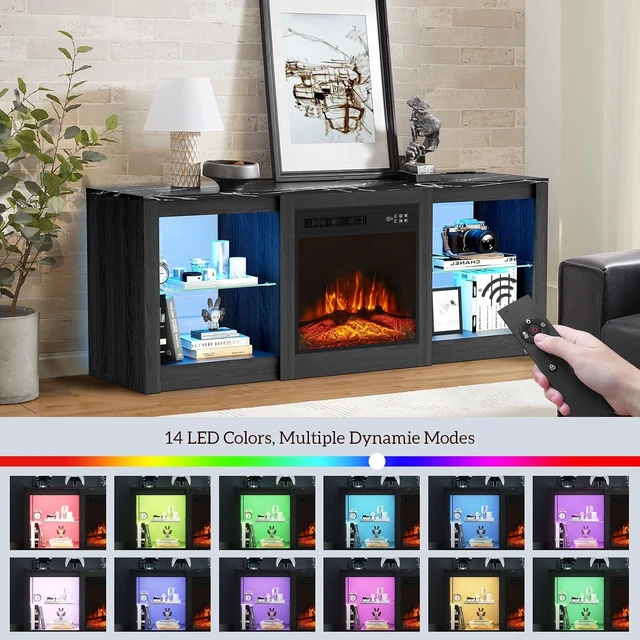 Alt view image 3 of 7 - BREEZEHEAT Electric Fireplace TV Stand with 18 inch Fireplace Up to 65" TVs-Led Entertainment Center-TV Console for Living Room with Glass Shelves, LED Lights and Power Outlets (Black)