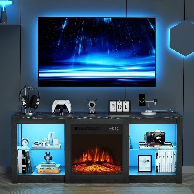 Alt view image 4 of 7 - BREEZEHEAT Electric Fireplace TV Stand with 18 inch Fireplace Up to 65" TVs-Led Entertainment Center-TV Console for Living Room with Glass Shelves, LED Lights and Power Outlets (Black)