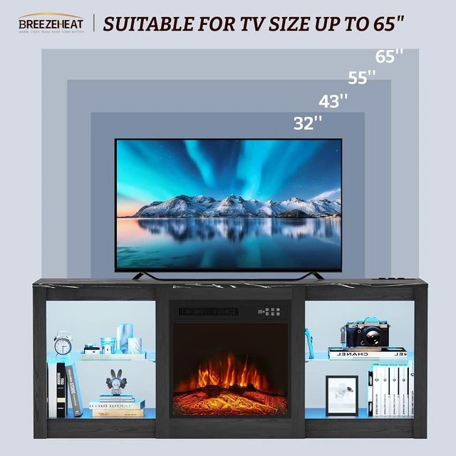 Alt view image 6 of 7 - BREEZEHEAT Electric Fireplace TV Stand with 18 inch Fireplace Up to 65" TVs-Led Entertainment Center-TV Console for Living Room with Glass Shelves, LED Lights and Power Outlets (Black)
